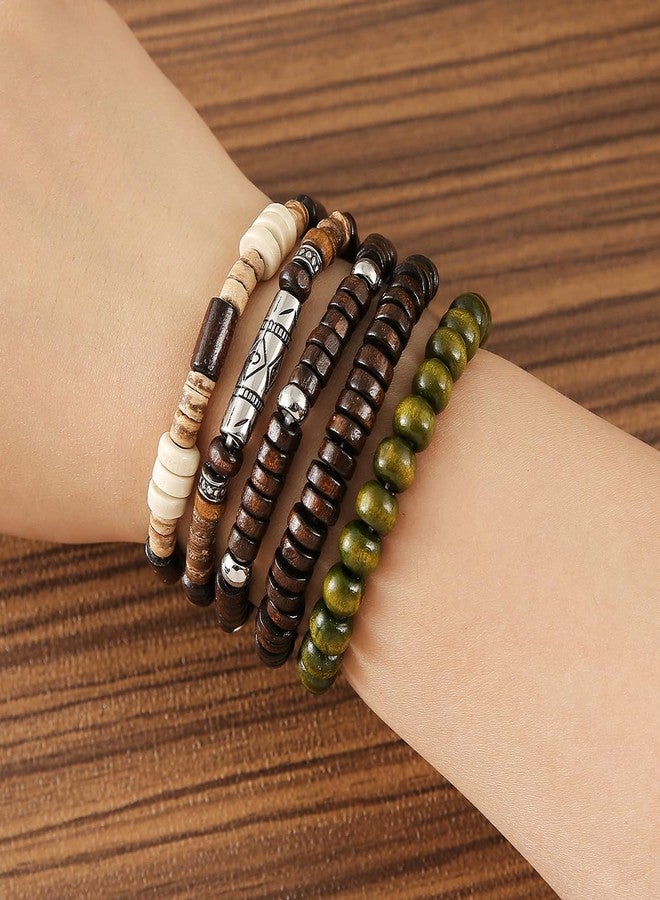 VKSG 5pcs Wooden Bead Bracelet Set For Men & Women - Stackable Boho Bracelets, Adjustable Grunge Wristbands-Funky Style, Father'S Day, Mother'S Day, Christmas, Birthdays, Thanksgiving Bracelets Gifts - Image 5